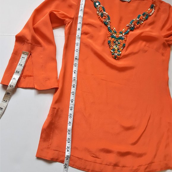👚Trina Turk  100% Silk Orange Beaded V Neck Tunic Top Blouse - Picture 6 of 14